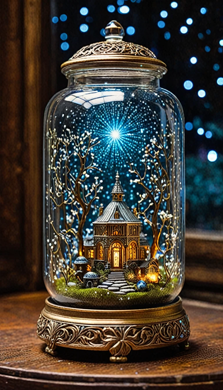 Mysterious scene in the starry fantasy world, (The mysterious astral device in the center of the picture:1.2) A detailed still life scene is displayed in a glass jar, Dreamy Art Nouveau Realism, Gorgeous,magic,Fantastic, Clear focus, Wide-angle lens, landscape,