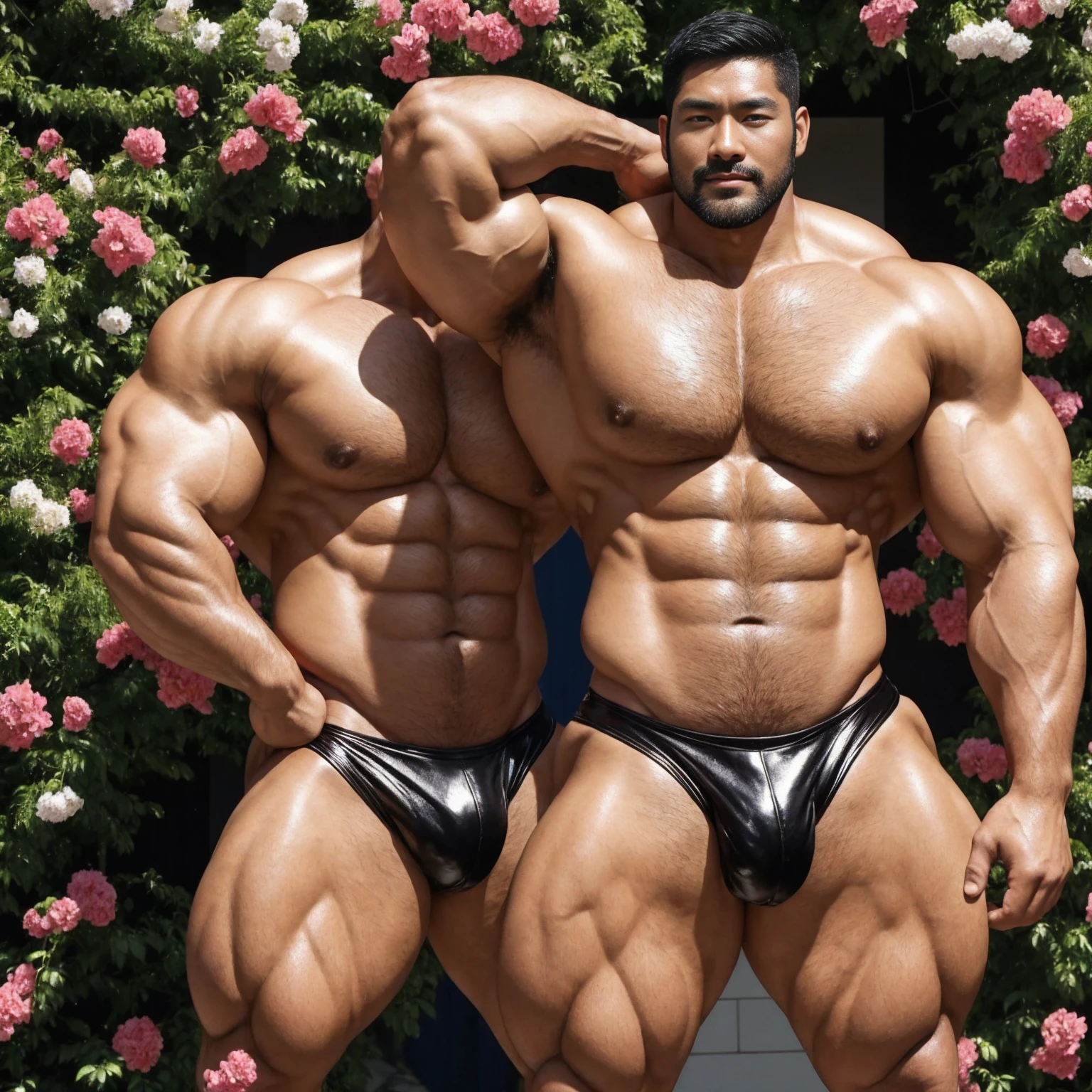 There is only one handsome Asian actor in the photo,35 years old,High target, Fitness,short hair, O-Shaped Beard,Perfect body, Dark skin color,Radiant Skin,Smooth skin,Shiny, shiny skin,Smooth pectoral muscles,No chest hair,No body hair,Muscle bulge, muscular, Very large pectoral muscles,Very sexy abdominal muscles,Very well-developed leg muscles,Huge concave and convex area,Brightens oily skin,Wearing a gold leather shiny thong,Handsome face, Correct and accurate male body proportions, Wear black socks,Put your hands behind your back,Stand among the flowers,Flowers bloom all around。