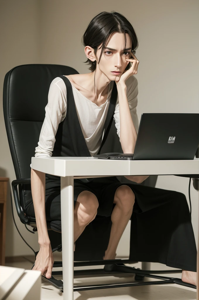 A very thin man, very thin indeed, he also has giant ears and a huge nose (He is sitting on a chair using the computer).