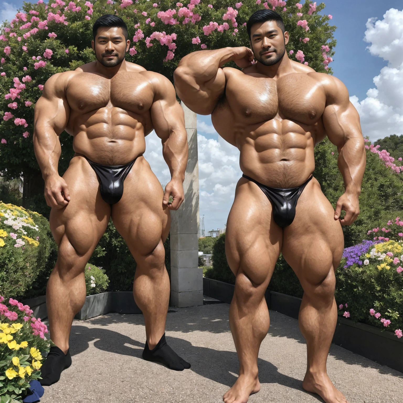 There is only one handsome Asian actor in the photo,35 years old,High target, Fitness,short hair, O-Shaped Beard,Perfect body, Dark skin color,Radiant Skin,Smooth skin,Shiny, shiny skin,Smooth pectoral muscles,No chest hair,No body hair,Muscle bulge, muscular, Very large pectoral muscles,Very sexy abdominal muscles,Very well-developed leg muscles,Huge concave and convex area,Brightens oily skin,Wearing a gold leather shiny thong,Handsome face, Correct and accurate male body proportions, Wear black socks,Put your hands behind your back,Stand among the flowers,Flowers bloom all around。