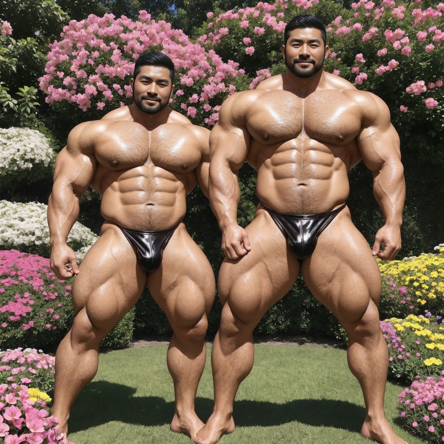 There is only one handsome Asian actor in the photo,35 years old,High target, Fitness,short hair, O-Shaped Beard,Perfect body, Dark skin color,Radiant Skin,Smooth skin,Shiny, shiny skin,Smooth pectoral muscles,No chest hair,No body hair,Muscle bulge, muscular, Very large pectoral muscles,Very y abdominal muscles,Very well-developed leg muscles,Huge concave and convex area,Brightens oily skin,Wearing a gold leather shiny thong,Handsome face, Correct and accurate male body proportions, Wear black socks,Put your hands behind your back,Stand among the flowers,Flowers bloom all around。