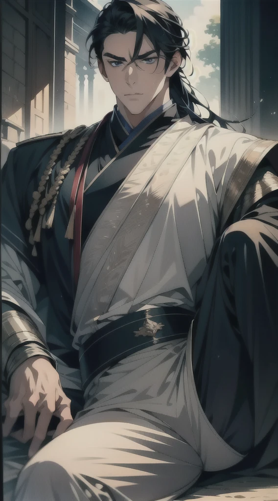 masterpiece，Best quality，illustration，lifelike，Photorealism，Facial details，Official Art，light，Tie military uniform，1 man，Sitting，Close-up of the pants，Crotch angle，solo，hansome，male，[[[［muscle］]],｛No bangs｝，Neat hair，Black hair，Short hair，blue eyes，serious，Looking at the audience，Blue sky，dark clouds，Sunlight
 