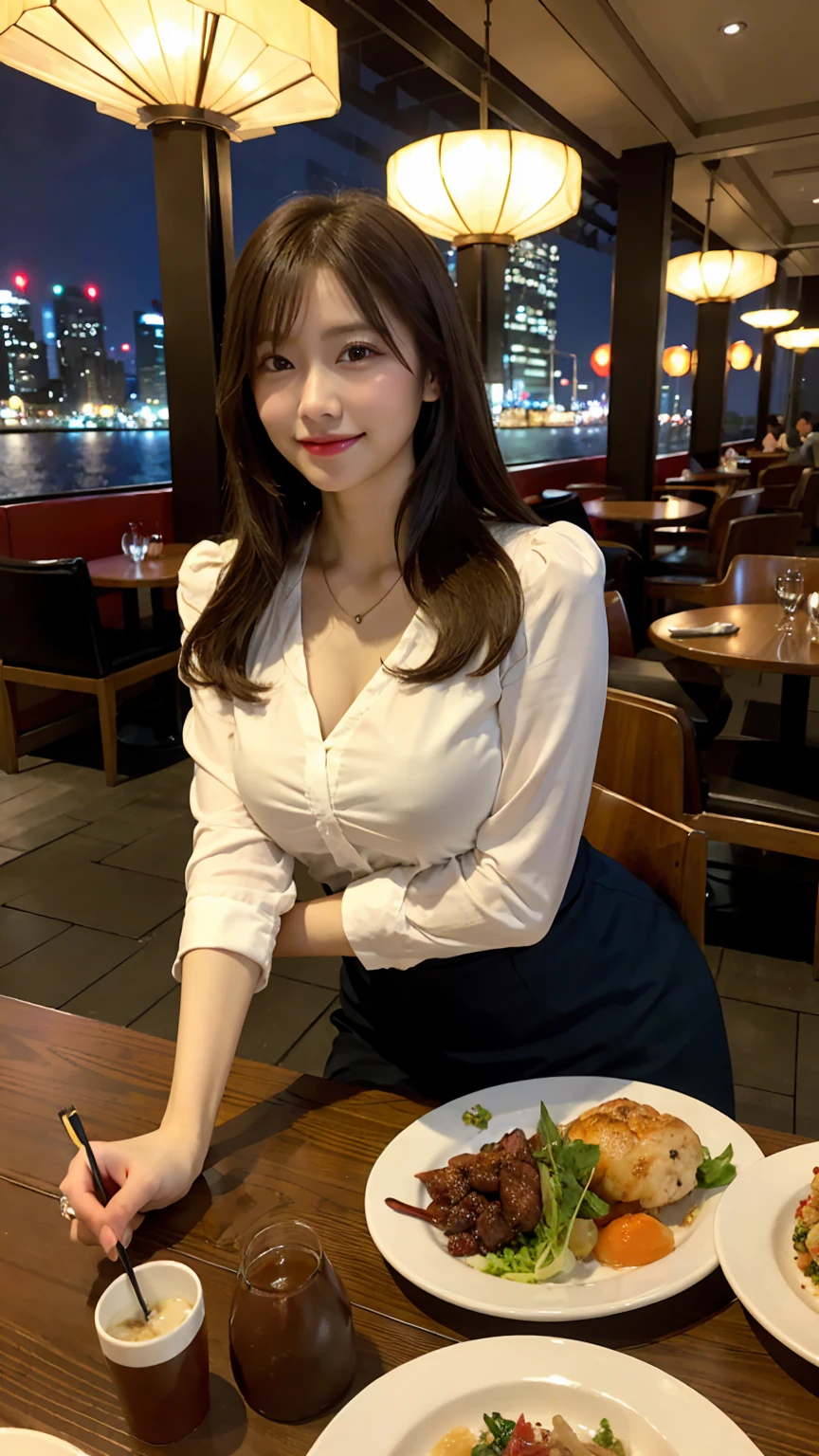 highest quality, masterpiece, 8K, ultra high resolution, (realistic: 1.4), beautiful face, symmetrical eyes, Japanese, 20 years old, brown hair, smile, wearing makeup, high-definition images, atmospheric perspective, super detail, accurate, best quality, (angle from under the table), a Japanese lady, drooping eyes, sleepy face, blush, in the city, busy, skyscrapers, skirt, high heels, necklace, red blouse , restaurant with large windows, standing, (other customers), night scene, windows have harbor view, foods, romantic dinner