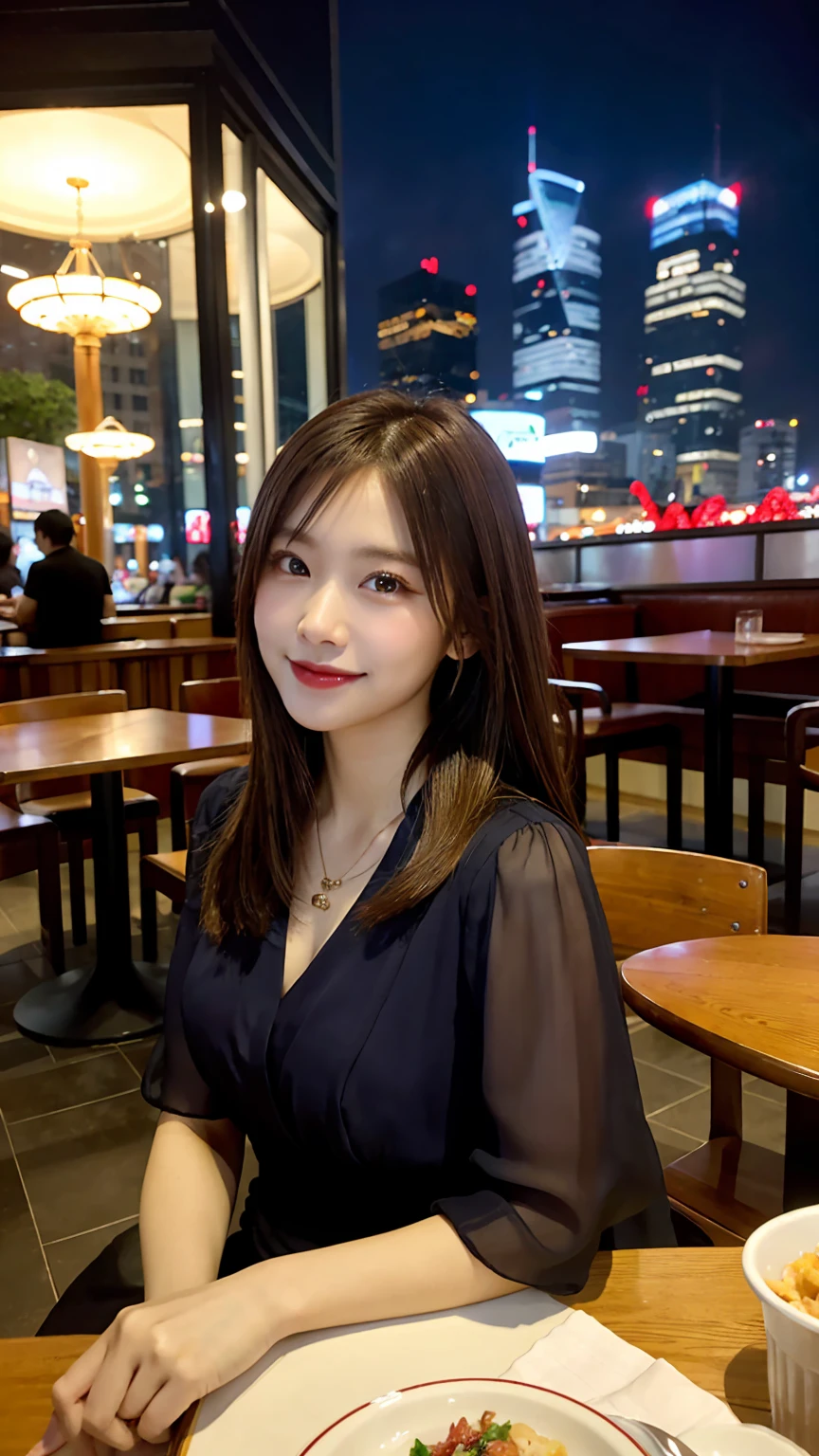 highest quality, masterpiece, 8K, ultra high resolution, (realistic: 1.4), beautiful face, symmetrical eyes, Japanese, 20 years old, brown hair, smile, wearing makeup, high-definition images, atmospheric perspective, super detail, accurate, best quality, (angle from under the table), a Japanese lady, drooping eyes, sleepy face, blush, in the city, busy, skyscrapers, skirt, high heels, necklace, red blouse , restaurant with large windows, standing,  (other customers), night scene, windows have harbor view, foods, romantic dinner 
