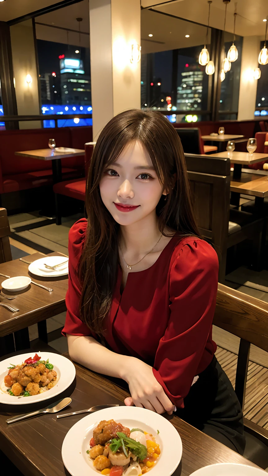 highest quality, masterpiece, 8K, ultra high resolution, (realistic: 1.4), beautiful face, symmetrical eyes, Japanese, 20 years old, brown hair, smile, wearing makeup, high-definition images, atmospheric perspective, super detail, accurate, best quality, (angle from under the table), a Japanese lady, drooping eyes, sleepy face, blush, in the city, busy, skyscrapers, skirt, high heels, necklace, red blouse , restaurant with large windows, standing,  (other customers), night scene, windows have harbor view, foods, romantic dinner 