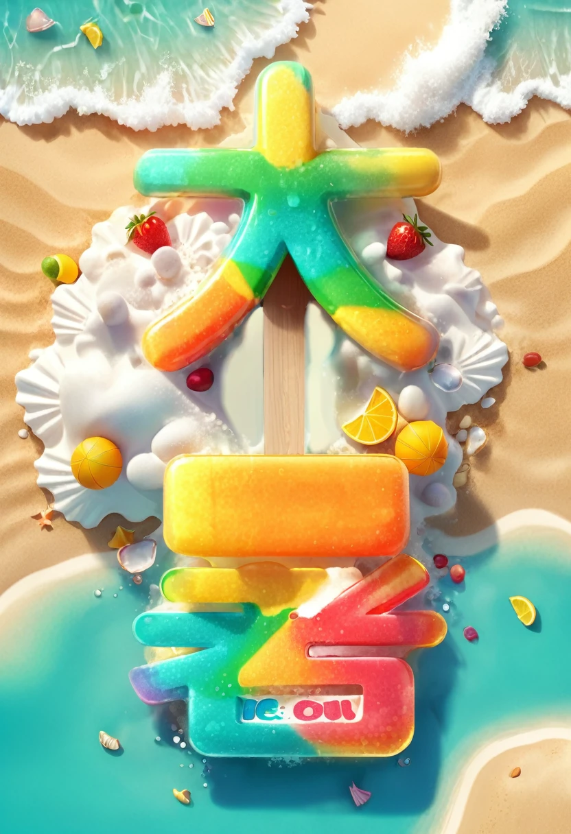 ice lolly text design, cartoony, summer beach background, ice cube, Special features, Octane rendering and blender, hyper quality, clear features, Ultra HD and 8K resolution,Fresh hand drawn illustration