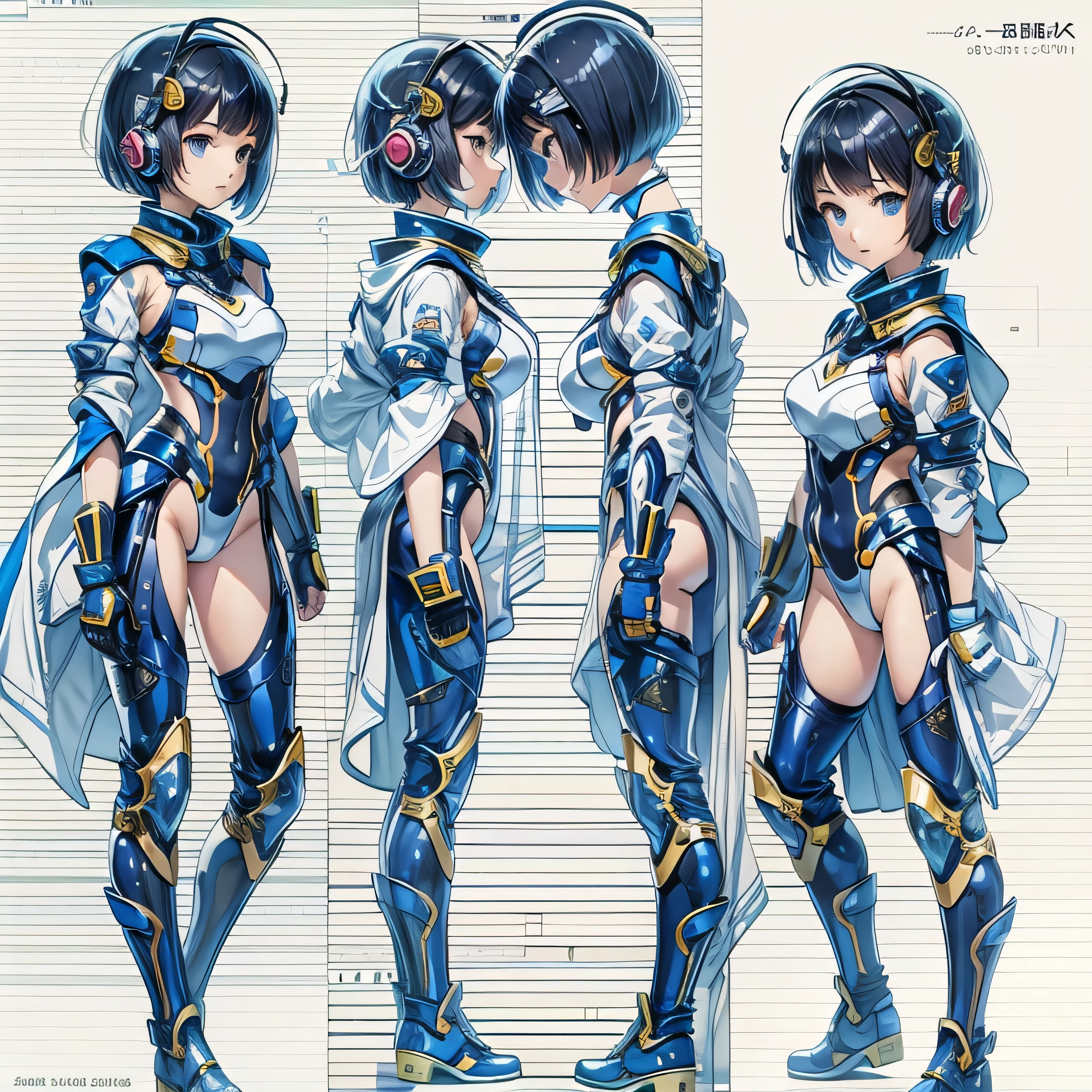 (masterpiece、Highest quality、Highest Resolution、Clear_image、Detailed details、Angle from above): (Whole body、One 20 year old girl、Japanese Faces、Small Face、Slender、Navy blue super short bob cut hair、(Hidden small :1.3)、Sparg blue eyes、Shiny pilot suit in blue and black colors、Chest protection armor、Tight fitting clothes、Clothing that covers the whole body、Glamorous clothes、Tight Fit Pants、Hide your skin、Very delicate and beautiful、Detailed Skin、hide thighs、Hide your ass、Cute、A tle smile、Soft expression、heroine、headse-high boots、Elbow-length gloves、Eye Level Shot、Face directly、Woman on a spaceship)