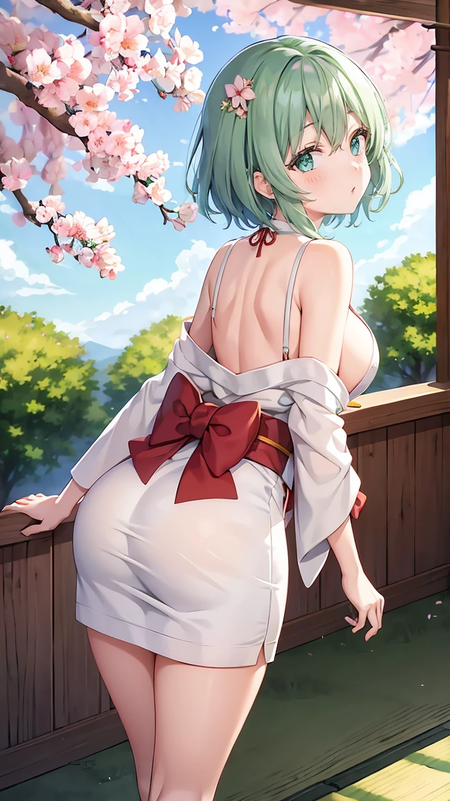 Girl with short green hair, Small breasts, Green Eyes, White Casual Wear Beauty Special、(((Peachy Butt))),Full body photo from head to toe、Kimono、Patterned Japanese clothing、Cherry tree in full bloom、Fluttering petals、Tea Ceremony、Graceful Manners、Tea party、Chatting in a Japanese-style room、Leaning forward、A composition that makes the buttocks redundant、Waistline