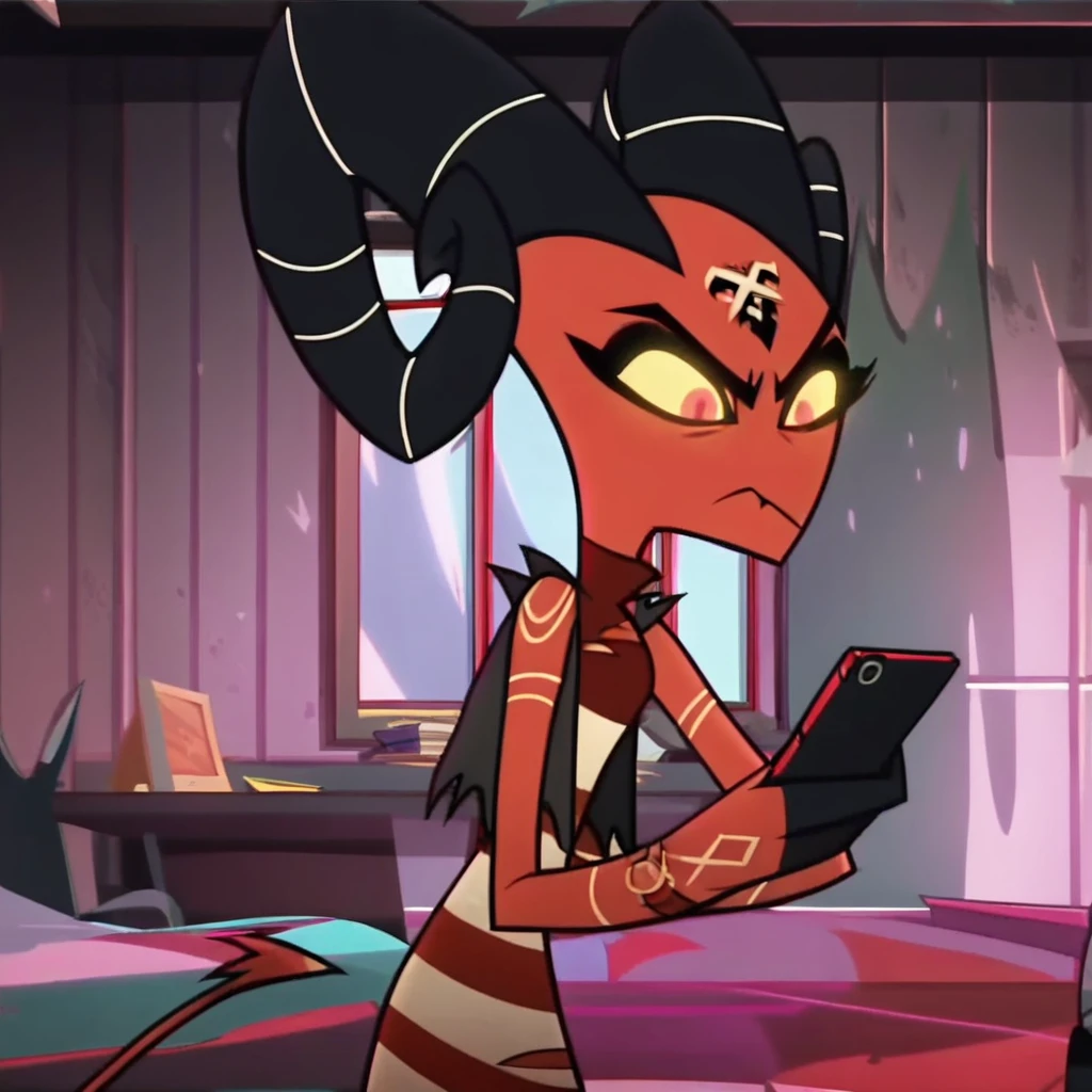 barbie wire, 1girl, solo, demon girl, red skin, forehead tattoo, arm tattoos, horns, striped dress, leather jacket, screencap, (bedroom:2), closed mouth, on her phone