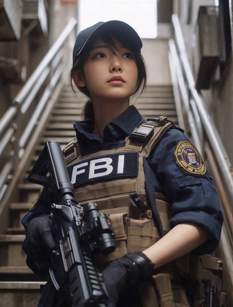 8K,Realistic Photo、Realistic Skin Texture、Superrealism、Japanese female member of FBI SWAT、nervous、Vigilance、Accurate equipment depiction、cap、Operation、Carefully climbing the stairs of a building、Stains on the wall、Suggestive wall graffiti、demarcation