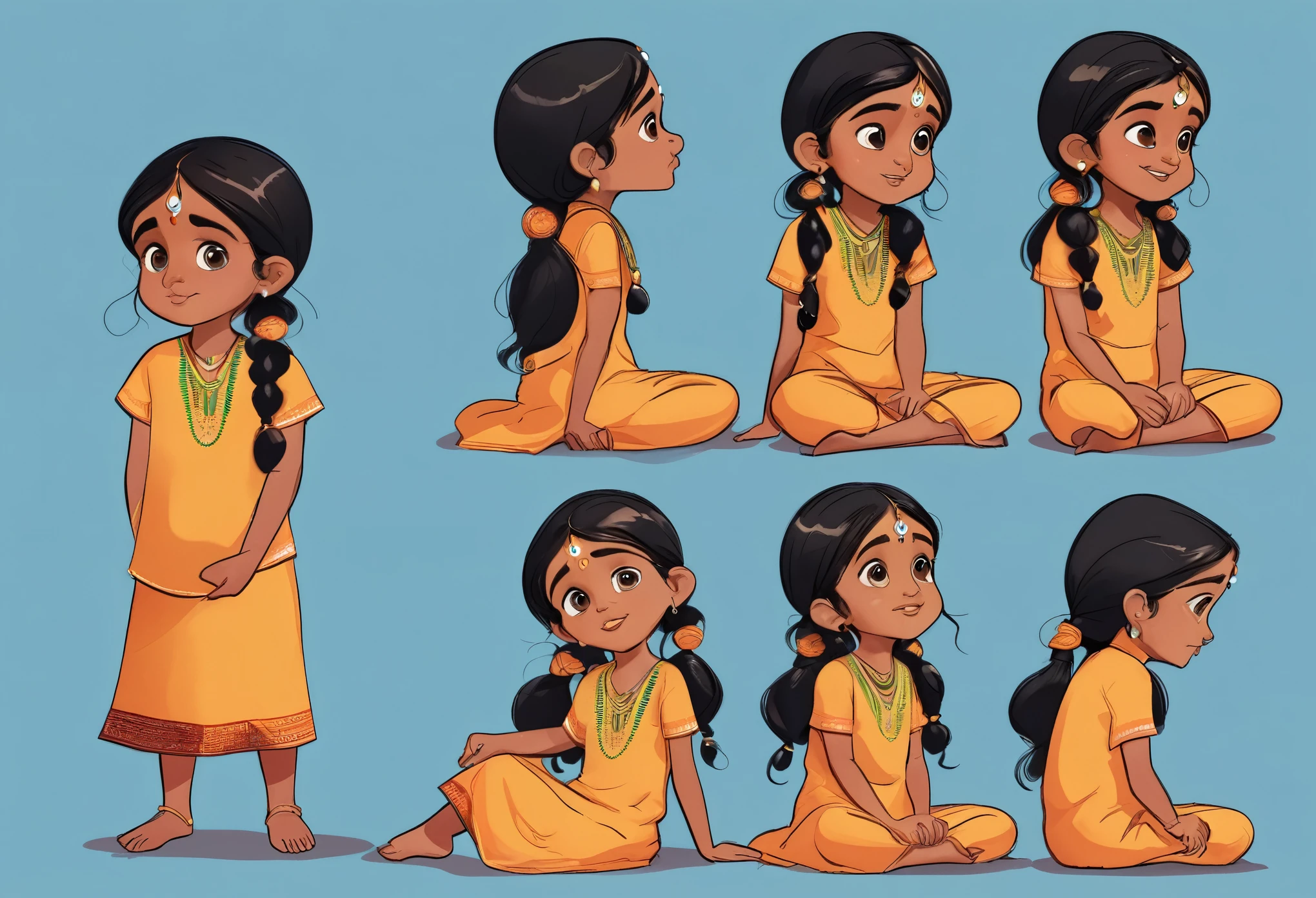a character design sheet, colorful illustrations an young Indian girl, 6yo, sitting, standing, sideways, front back, sad, happy, multiple poses, multiple facial expression, 2d