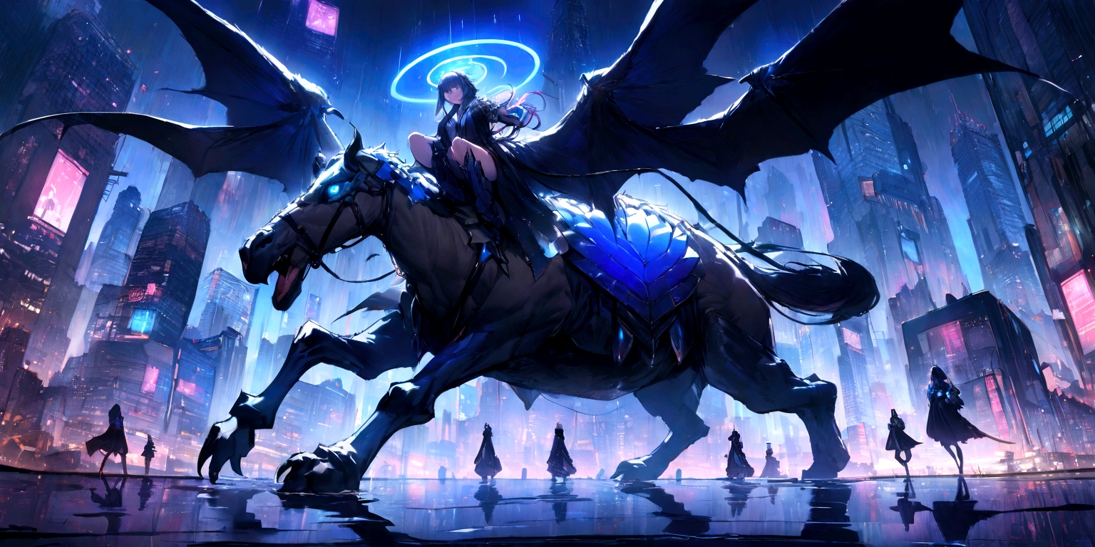 ((masterpiece, Highest quality, Best image quality, High resolution、8k)) A female demon rides a two-headed camel、Devil's Wings、Glowing blue eyes and advanced cybernetic enhancements. Seen in dynamic action poses, reflection on a smooth surface. The cityscape below is filled with towering skyscrapers., illuminated by colorful holographic advertisements, Shining with blue energy, Mighty power. The overall atmosphere is dark and mysterious., It had a futuristic techno vibe.. The lighting is dramatic, Intense highlights and deep shadows, Creates depth and tension.