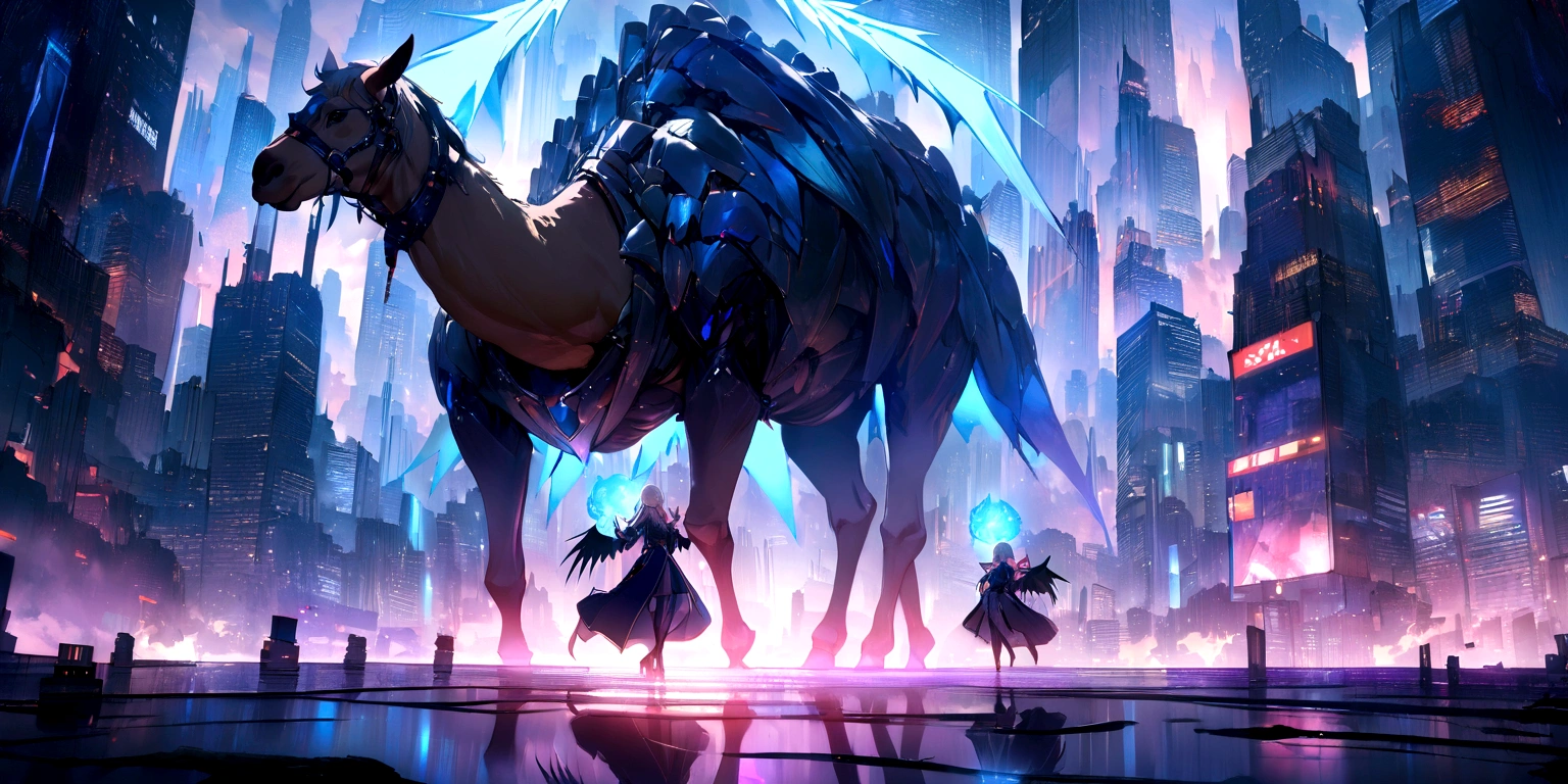((masterpiece, Highest quality, Best image quality, High resolution、8ｋ)) A female demon rides a two-headed camel、Devil&#39;s Wings、Glowing blue eyes and advanced cybernetic enhancements. Seen in dynamic action poses, reflection on a smooth surface. The cityscape below is filled with towering skyscrapers., illuminated by colorful holographic advertisements, Shining with blue energy, Mighty power. The overall atmosphere is dark and mysterious., It had a futuristic techno vibe.. The lighting is dramatic, Intense highlights and deep shadows, Creates depth and tension.