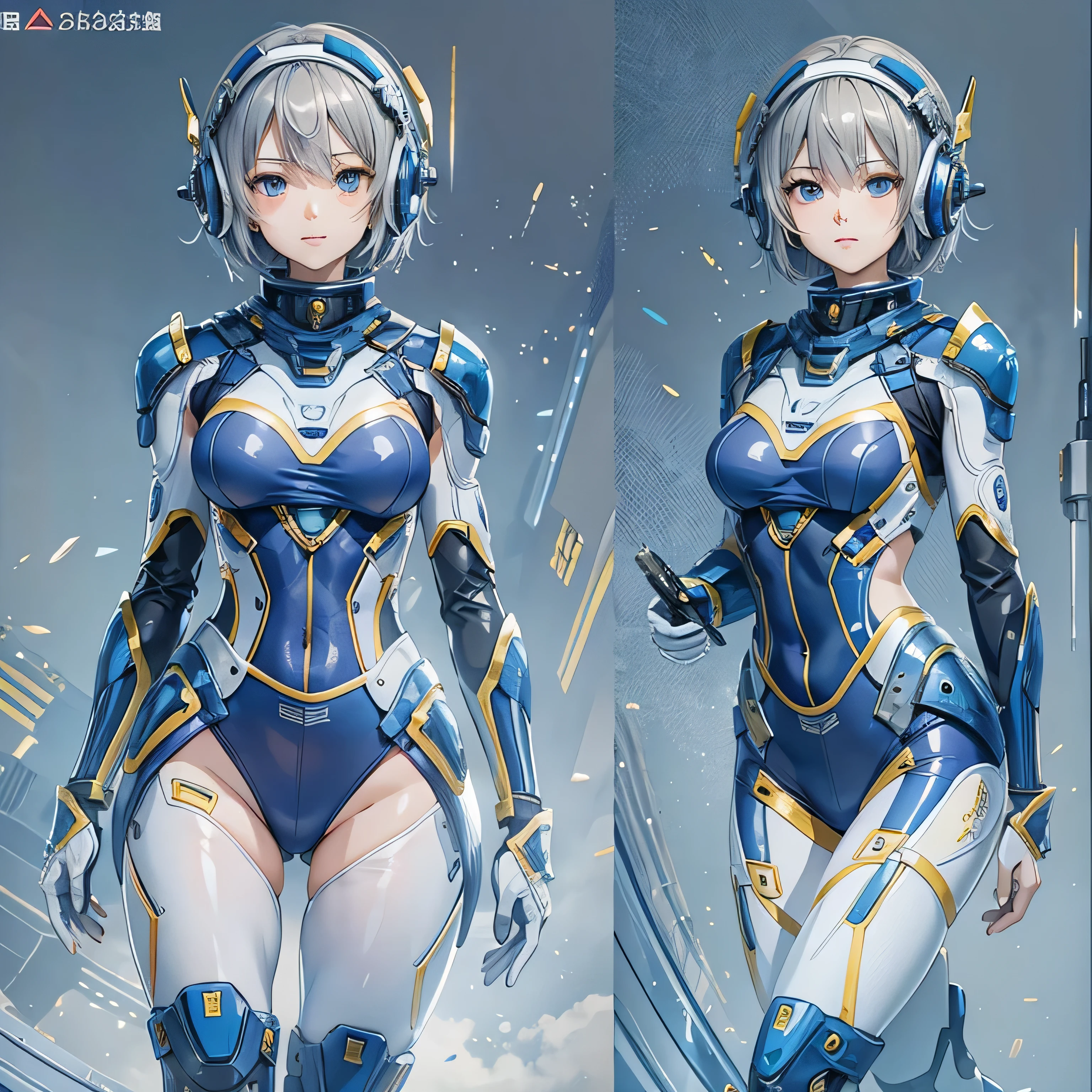 (masterpiece、Highest quality、Highest Resolution、Clear_image、Detailed details、Angle from above): (Whole body、One 20 year old girl、Japanese Faces、Small Face、Slender、Navy blue super short bob cut hair、(Hidden small breasts:1.3)、Sparkling blue eyes、Shiny pilot suit in blue and black colors、Chest protection armor、Tight fitting clothes、Clothing that covers the whole body、Glamorous clothes、Tight Fit Pants、Hide your skin、Very delicate and beautiful、Detailed Skin、hide thighs、Hide your ass、Cute、A gentle smile、Soft expression、heroine、headset、Knee-high boots、Elbow-length gloves、Eye Level Shot、Face directly、Woman on a spaceship)
