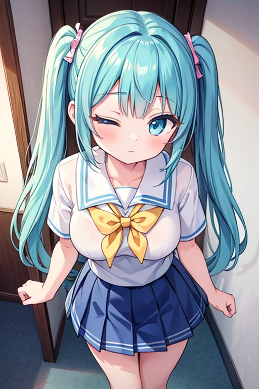 masterpiece,best quality,extremely detailed,anime,1girl,14years old,beautiful skin,beautiful eyes,Twintails hair,aqua eyes,(school uniform, short sleeve shirt,mini skirt),large breasts,one eye closed,Corridor,school,in the evening,learning forword,looking up,from above,