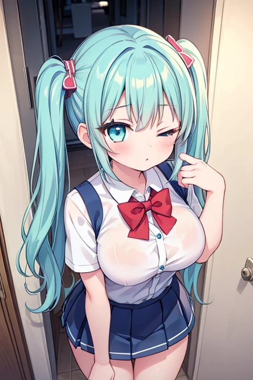 masterpiece,best quality,extremely detailed,anime,1girl,ars old,beautiful skin,beautiful eyes,Twintails hair,aqua eyes,(school uniform, short sleeve shirt,mini skirt),large breasts,one eye closed,Corridor,school,in the evening,learning forword,looking up,from above,