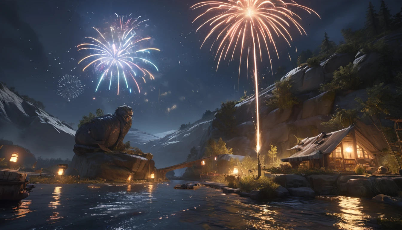 night、river、firework、moon、wood々、16K, uhd, Unreal Engine, award winning, highest quality, ultra-high definition, Realistic, masterpiece, Photorealism, fantastic, digital art, uninhabited, concept art, exaggerated artistic expression, accurate, cinematic unrealistic style concept art, highly detailed, anatomically correct, super detail, textured skin, The size of the artifact is a realistic size balance compared to other objects around it,