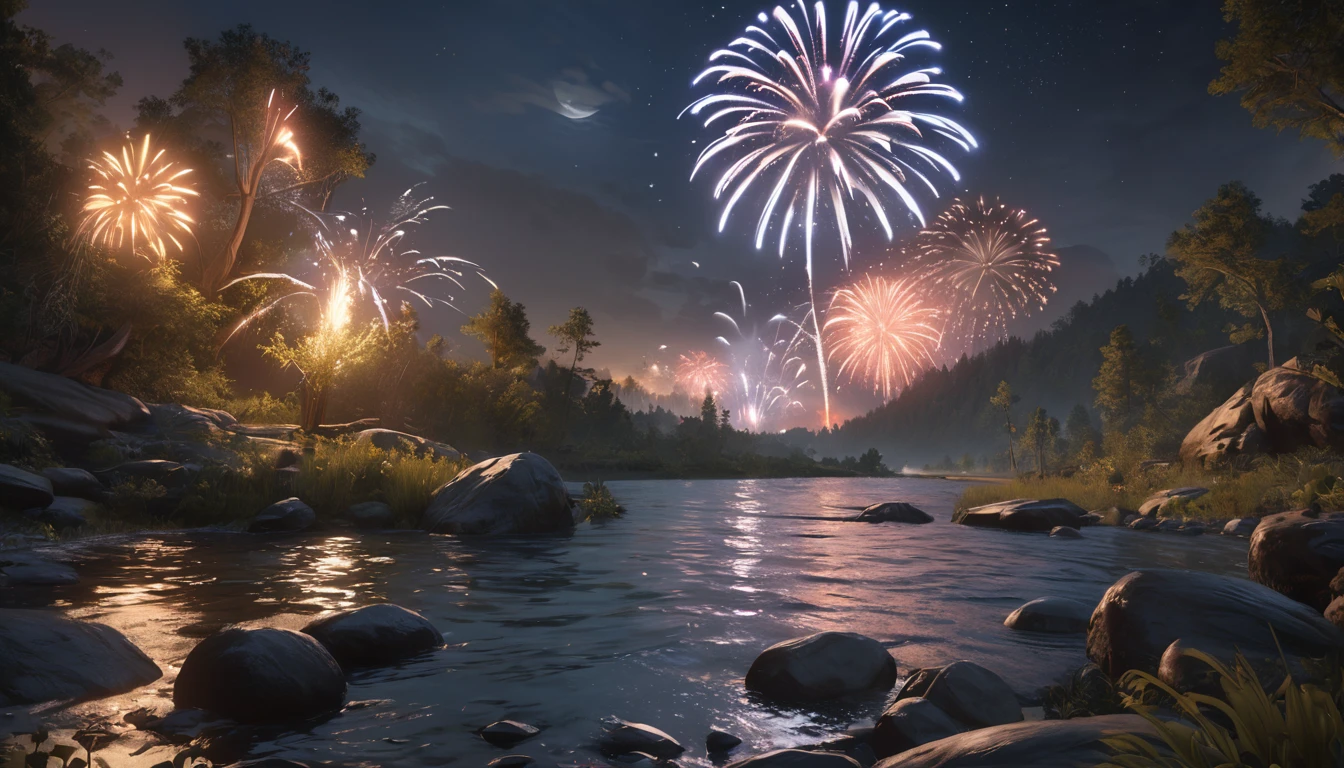 night、river、firework、moon、wood々、16K, uhd, Unreal Engine, award winning, highest quality, ultra-high definition, Realistic, masterpiece, Photorealism, fantastic, digital art, uninhabited, concept art, exaggerated artistic expression, accurate, cinematic unrealistic style concept art, highly detailed, anatomically correct, super detail, textured skin, The size of the artifact is a realistic size balance compared to other objects around it,