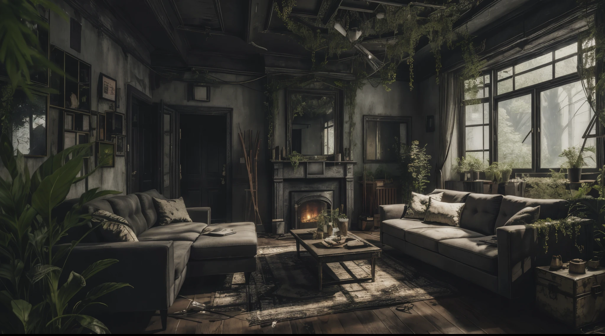 8K, Realistic, truth, High resolution, 6000K, Black Radio, living room, Overgrown SZ_4po environment、Decadent、night