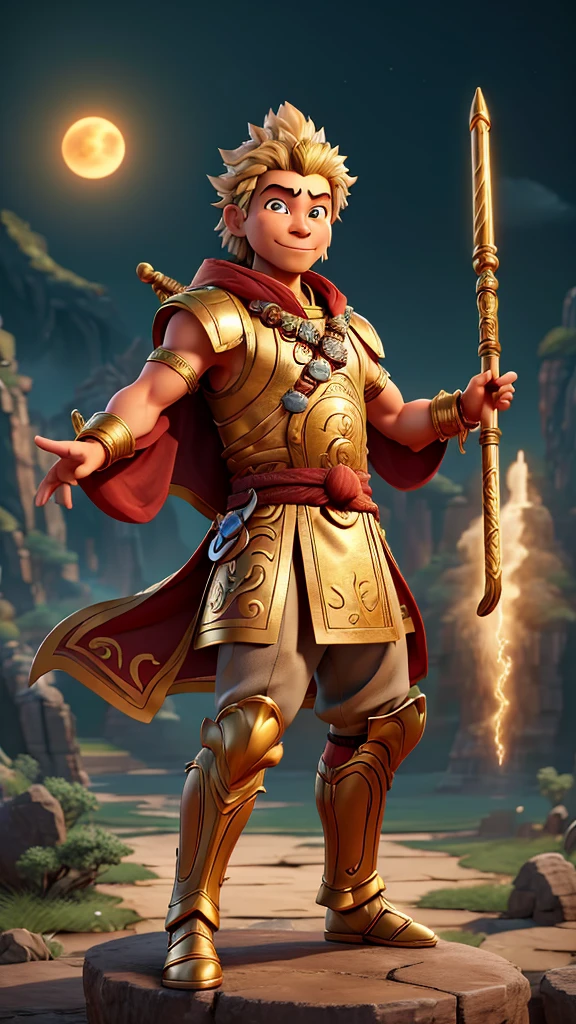 A highly detailed image of Sun Wukong, the Monkey King from Journey to the West, with a golden headband (Jinguo) on his head. Sun Wukong is depicted in a dynamic pose, wielding his magical staff, Ruyi Jingu Bang. He has a fierce expression with sharp eyes and a confident smile. His attire is traditional, featuring ornate armor and flowing robes. The background includes elements of a mythical landscape, with mountains, clouds, and a sense of movement and energy, reflecting Sun Wukong's adventurous and rebellious nature.