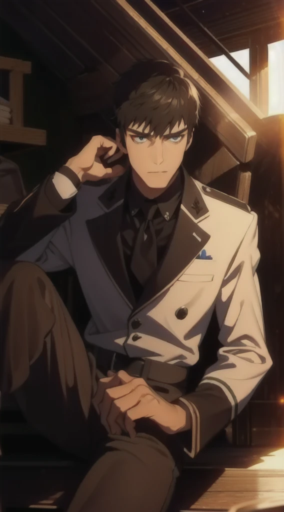 masterpiece，Best quality，illustration，lifelike，Photorealism，Facial details，Official Art，light，Tie military uniform，1 man，Sitting，Close-up of the pants，Crotch angle，solo，hansome，male，[[[［muscle］]],｛No bangs｝，Neat hair，Black hair，Short hair，blue eyes，serious，Looking at the audience，Blue sky，dark clouds，Sunlight
