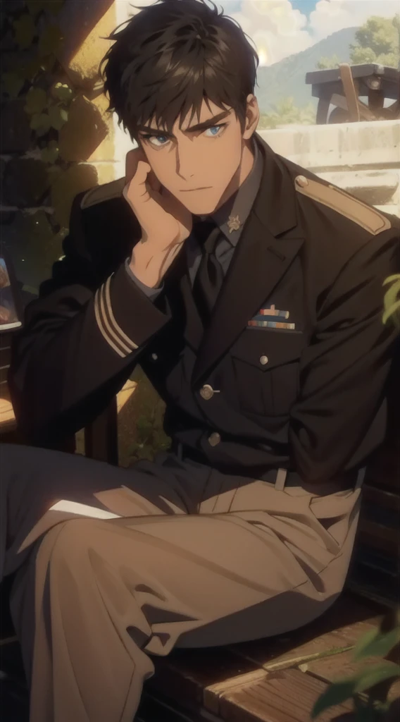 masterpiece，Best quality，illustration，lifelike，Photorealism，Facial details，Official Art，light，Tie military uniform，1 man，Sitting，Close-up of the pants，Crotch angle，solo，hansome，male，[[[［muscle］]],｛No bangs｝，Neat hair，Black hair，Short hair，blue eyes，serious，Looking at the audience，Blue sky，dark clouds，Sunlight
