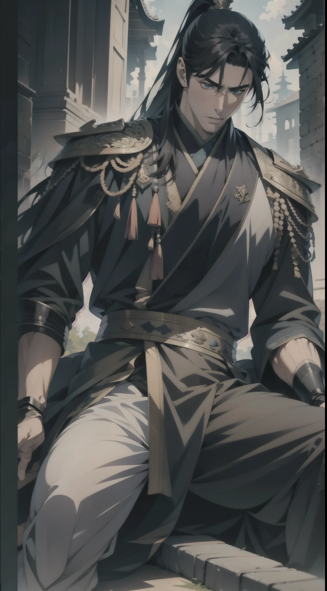 masterpiece，Best quality，illustration，lifelike，Photorealism，Facial details，Official Art，light，Tie military uniform，1 man，Sitting，Close-up of the pants，Crotch angle，solo，hansome，male，[[[［muscle］]],｛No bangs｝，Neat hair，Black hair，Short hair，blue eyes，serious，Looking at the audience，Blue sky，dark clouds，Sunlight
 