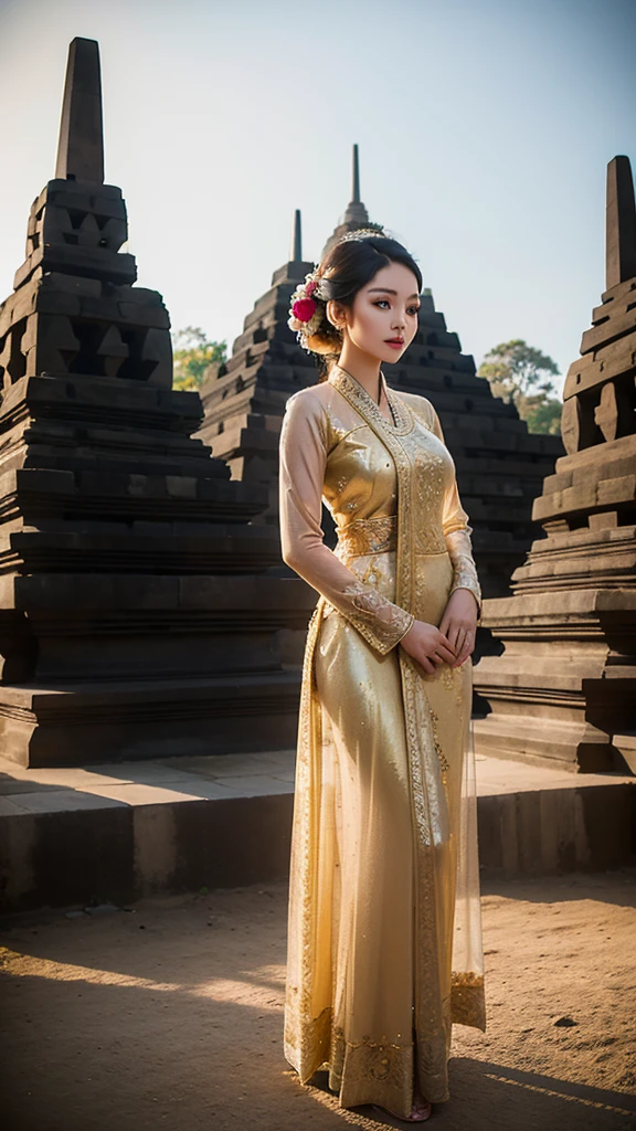 Photograph a beautiful woman in a traditional Javanese kebaya standing gracefully in front of Borobudur Temple, with the ancient stupas in the background illuminated by the soft morning light.