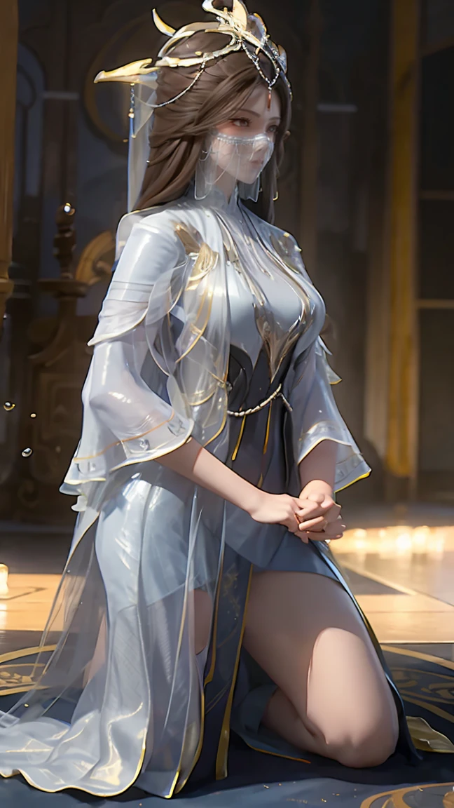 Cartoon woman kneeling on the starry sky, Water splashes at the knees,CG Social Trends, Smooth anime CG art, Starry sky background,Full body view,Royal sister kneeling posture,With a translucent veil