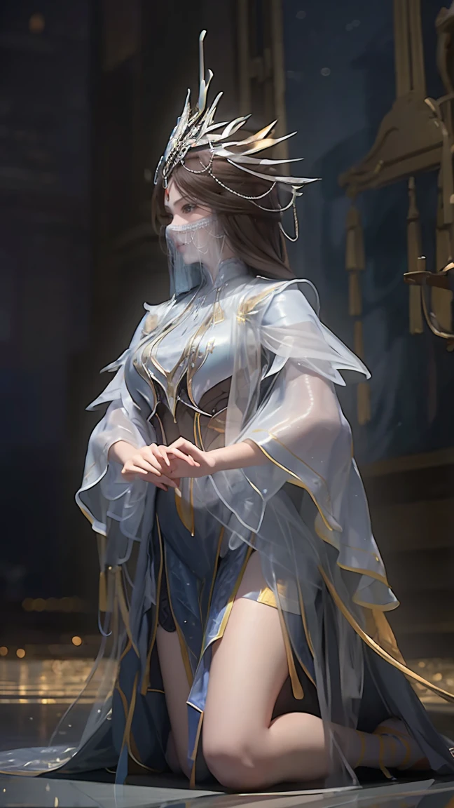 Cartoon woman kneeling on the starry sky, Water splashes at the knees,CG Social Trends, Smooth anime CG art, Starry sky background,Full body view,Royal sister kneeling posture,With a translucent veil