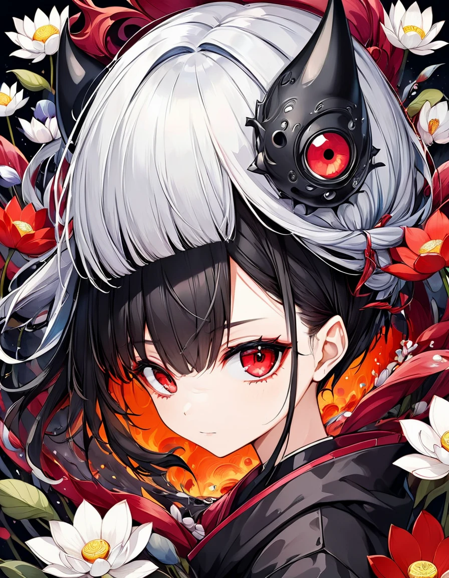  ódio no olhar Exquisite and charming anime style illustration, Bulma Naruto fusão com Vegeta dark Venom fire in the lotus flower Silver redbed, a beautiful girl with withe orange devil hair, Sharingan red eyes, half body, hiding in the flowers dark black , colorful and dazzling black . Intricate details, rendering and painting techniques come together to create a mesmerizing scene that evokes elegance and otherworldly elegance.