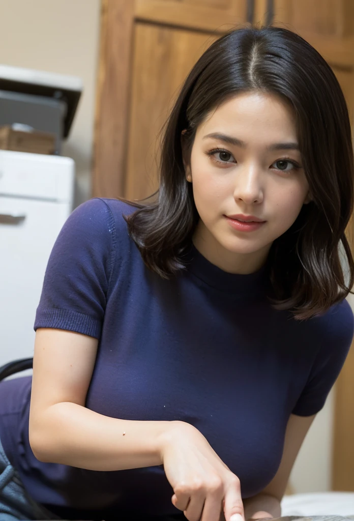 (((A proper woman,Pulling on one's clothes:1.9))),(((Eyes shining with excitement,Leaning forward,Burning idol pose,(((A kind smile:1.8,blush:1.8,Red cheeks))),Touch it,Don't be kidding,fascinating viewer,I want you))),(((blush,blush,Red cheeks,Red cheeks)))),(Cinema Lighting), (Photo realistic:1.4)、(Surreal:1.4)、(Realistic:1.3)、 (Gentle lighting: 1.05)、(Improve the lighting quality of your videos:0.9)、 32k、25-year-old female、Photorealistic Lighting、Backlight、Facial Light、Ray-tracing、(bright:1.2)、(Improvement of quality:1.4)、 (Highest quality real texture skins)、Beautiful Eyes,Delicate face、 Face close-up, ((((underwear))),(Improve your body line mood:1.1)、Shiny skin、Good figure,Perfect Anatomy,Beautiful actress,(((Beautiful big boobs:1.8,Narrow waist,Thin Hips,Long, slender legs,8 heads))),(((8 heads))),(((Brown wavy hair,bangs))),(((Sweaty skin,Shiny skin,In a beautiful modern office,Very beautiful night view,At night))),
