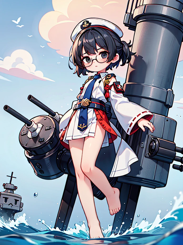 ((((Full body of a woman with perfect flat chest、solo、Short unkempt black hair、Tie your messy hair at the nape of your neck、white military jacket、Miko costume、tights、Black glasses、White military cap、Cloudy black eyes、Confused eyes、Eyes Beginning to Open、Junyo hair accessories)))), (((masterpiece))), (((Shipgirl))), ((Floating on the morning sea with both feet)), (Spread your legs wide open), (Hold the turret with your right hand), (Mechanical arms extending from the waist are used to equip the ship with battleship equipment.), (Equipped with a turret on the back), (Holds a triple turret on the left arm), Shotgun shells are attached to the thigh with a belt, Spreading the Machine's Wings, Machine tail, Holding a shotgun,