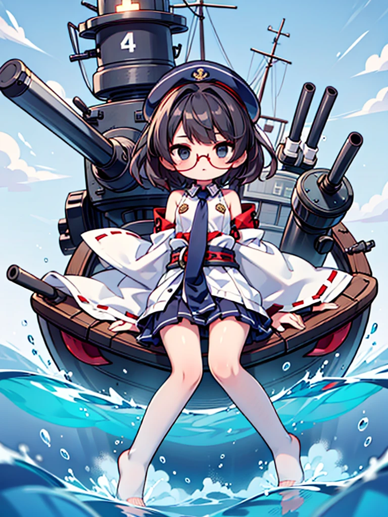 ((((Full body of a woman with perfect flat chest、solo、Short unkempt black hair、Tie your messy hair at the nape of your neck、white military jacket、Miko costume、tights、Black glasses、White military cap、Cloudy black eyes、Confused eyes、Eyes Beginning to Open、Junyo hair accessories)))), (((masterpiece))), (((Shipgirl))), ((Floating on the morning sea with both feet)), (Spread your legs wide open), (Hold the turret with your right hand), (Mechanical arms extending from the waist are used to equip the ship with battleship equipment.), (Equipped with a turret on the back), (Holds a triple turret on the left arm), Shotgun shells are attached to the thigh with a belt, Spreading the Machine&#39;s Wings, Machine tail,  Holding a shotgun, 