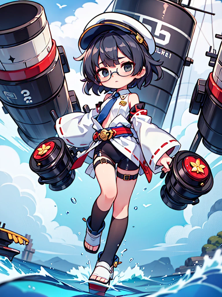((((Full body of a woman with perfect flat chest、solo、Short unkempt black hair、Tie your messy hair at the nape of your neck、white military jacket、Miko costume、tights、Black glasses、White military cap、Cloudy black eyes、Confused eyes、Eyes Beginning to Open、Junyo hair accessories)))), (((masterpiece))), (((Shipgirl))), ((Floating on the morning sea with both feet)), (Spread your legs wide open), (Hold the turret with your right hand), (Mechanical arms extending from the waist are used to equip the ship with battleship equipment.), (Equipped with a turret on the back), (Holds a triple turret on the left arm), Shotgun shells are attached to the thigh with a belt, Spreading the Machine's Wings, Machine tail, Holding a shotgun,
