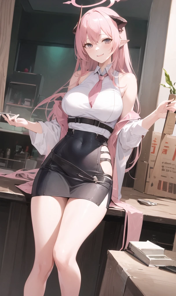 ((masterpiece, best quality)), (1girl),((mature female)), lightpink hair, halo, horn, (( lady handjob )),bangs,middle breast,(busty),slim,smile, [wide hips],office,standing, aru \(blue archive\),