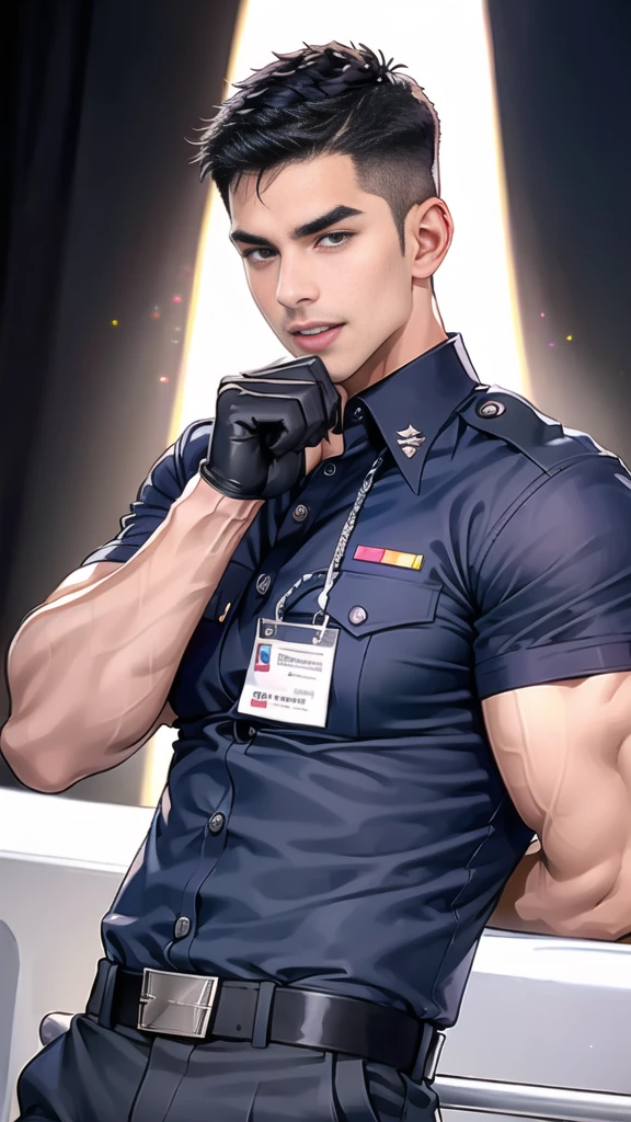 handsome man  Lying down next to the stage,(crew cut short hair:1.2),black eye,smile,open mouth
(navy police uniform:1.2),(shirt short sleeves:1.2),collar,(shirt covered over:1.2),(name tag and Police badge:1.2),(shirt no buttons:1.1),(black_gloves:1.3),
(Navy blue cargo:1.2),Korean guy,korean men,(High gloss details),(chest muscles:1.2),(large arm muscles:1.2),blood vessel,Big muscles,Broad shoulders,looking at the audience,Balancing the eyes,middle of the road,(stage:1.4),