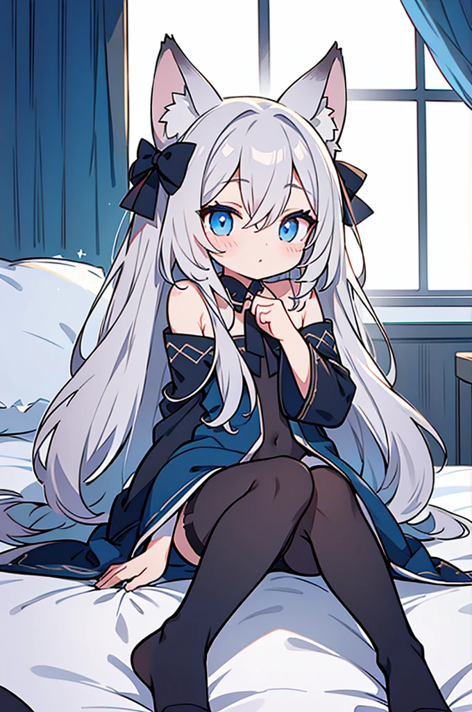 Dark Room　On the bed　Gray Hair　Long Hair　Fox ears　tights　One girl　Blue Eyes　Sitting　Highlight on eyes