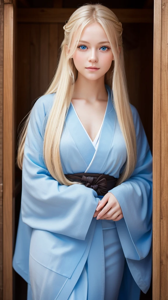 Highest quality, Whole body, Soft Light, Ultra-high resolution, (Realistic:1.4), RAW Photos, 1 Russian blonde girl, alone, cute, (A shy smile:0.5), (Blue Eyes, Light in your eyes), Beautiful face in every detail, (Small box),(High resolution detail of human skin texture), (Long Hair), Mini Kimono