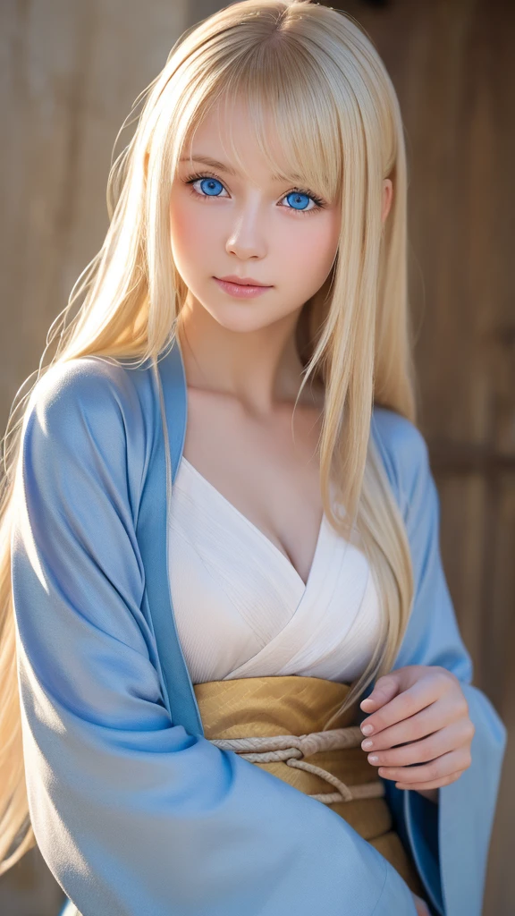 Highest quality, Whole body, Soft Light, Ultra-high resolution, (Realistic:1.4), RAW Photos, 1 Russian blonde girl, alone, cute, (A shy smile:0.5), (Blue Eyes, Light in your eyes), Beautiful face in every detail, (Small box),(High resolution detail of human skin texture), (Long Hair), Mini Kimono