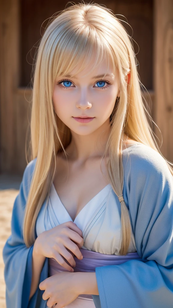 Highest quality, Whole body, Soft Light, Ultra-high resolution, (Realistic:1.4), RAW Photos, 1 Russian blonde girl, alone, cute, (A shy smile:0.5), (Blue Eyes, Light in your eyes), Beautiful face in every detail, (Small box),(High resolution detail of human skin texture), (Long Hair), Mini Kimono