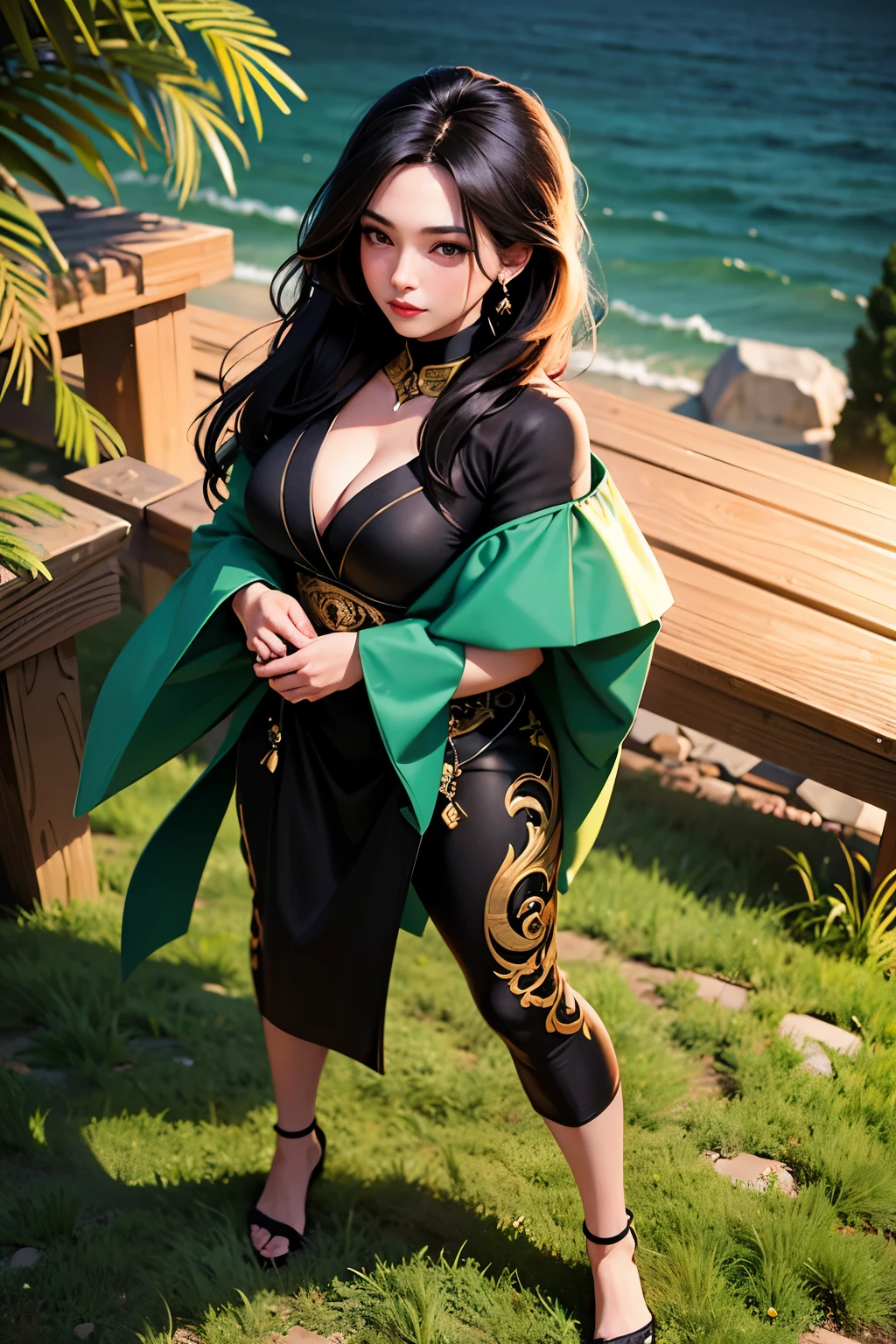 masterpiece, best quality, ultra-detailed, extremely detailed, 4K, 8K, best quality, beautiful, dynamic angle, full body, in the middle, look down from above, a pretty woman, solo, beautiful black hair, beautiful black eyes, beautiful eyes, gloves, cool,Martial artist, ((green)) martial artist's robe