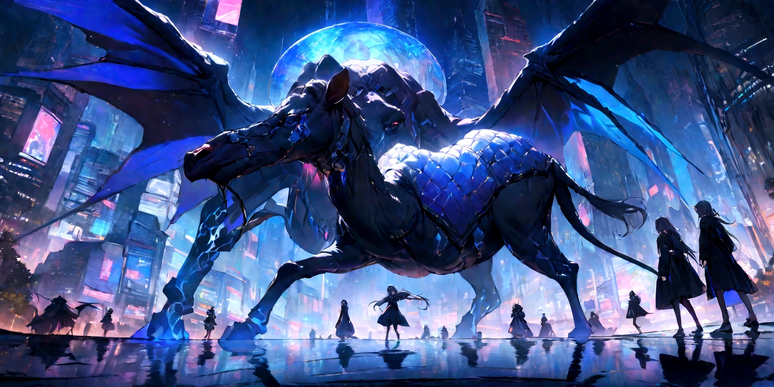 ((masterpiece, Highest quality, Best image quality, High resolution、8k)) Two-headed camel and a female demon、Devil's Wings、Glowing blue eyes and advanced cybernetic enhancements. Seen in dynamic action poses, reflection on a smooth surface. The cityscape below is filled with towering skyscrapers., illuminated by colorful holographic advertisements, Shining with blue energy, Mighty power. The overall atmosphere is dark and mysterious., It had a futuristic techno vibe.. The lighting is dramatic, Intense highlights and deep shadows, Creates depth and tension.