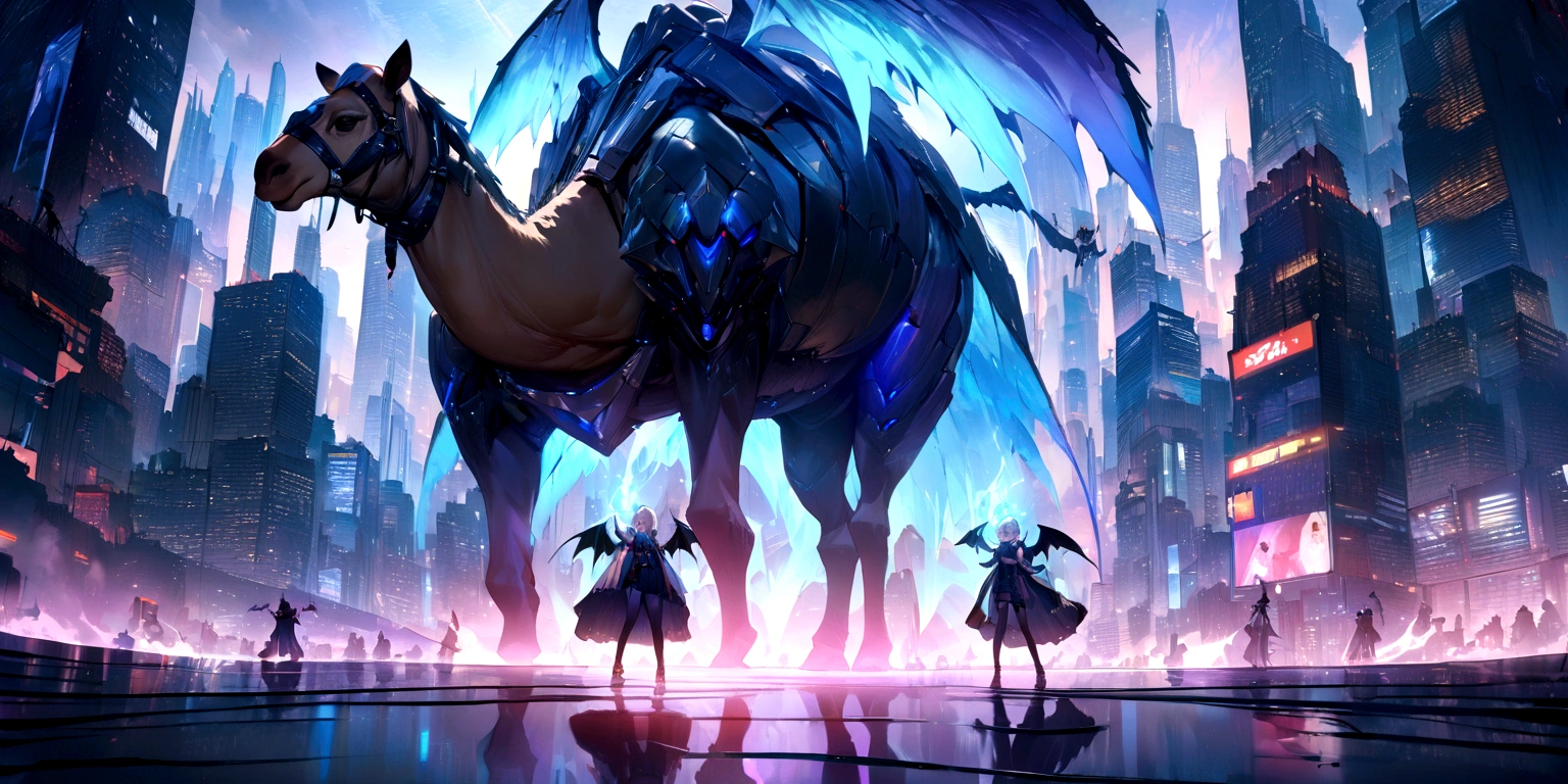 ((masterpiece, Highest quality, Best image quality, High resolution、8ｋ)) Two-headed camel and a female demon、Devil&#39;s Wings、Glowing blue eyes and advanced cybernetic enhancements. Seen in dynamic action poses, reflection on a smooth surface. The cityscape below is filled with towering skyscrapers., illuminated by colorful holographic advertisements, Shining with blue energy, Mighty power. The overall atmosphere is dark and mysterious., It had a futuristic techno vibe.. The lighting is dramatic, Intense highlights and deep shadows, Creates depth and tension.