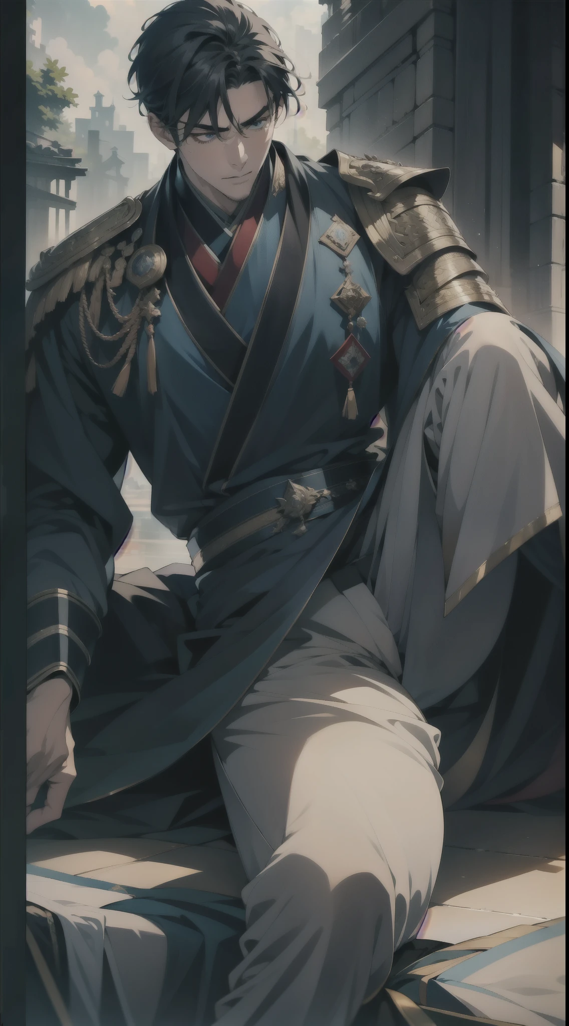 masterpiece，Best quality，illustration，lifelike，Photorealism，Facial details，Official Art，light，Tie military uniform，1 man，Sitting，Close-up of the pants，Crotch angle，solo，hansome，male，[[[［muscle］]],｛No bangs｝，Neat hair，Black hair，Short hair，blue eyes，serious，Looking at the audience，Blue sky，dark clouds，Sunlight
 