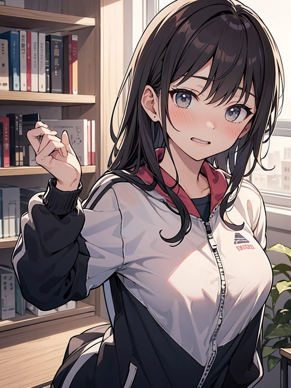 体育倉庫室で青い長袖tracksuit in schoolを脱ぐExhibitionismの女, blush, ((Exhibitionism))
