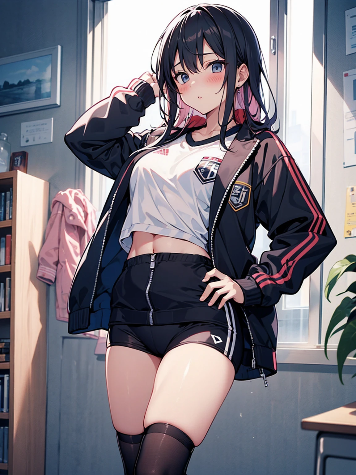 体育倉庫室で青い長袖tracksuit in schoolを脱ぐExhibitionismの女, blush, ((Exhibitionism))