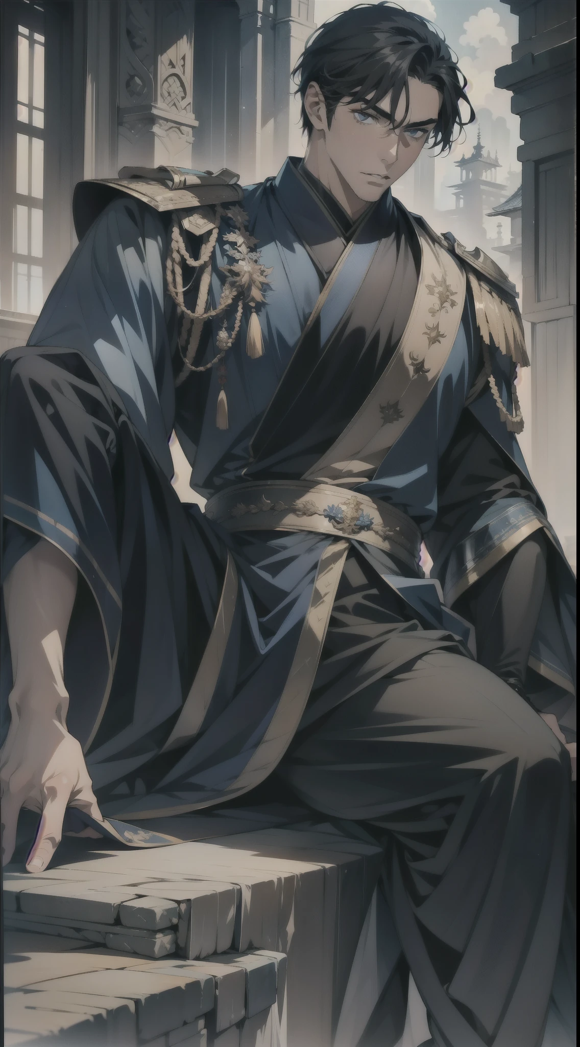 masterpiece，Best quality，illustration，lifelike，Photorealism，Facial details，Official Art，light，Tie military uniform，1 man，Sitting，Close-up of the pants，Crotch angle，solo，hansome，male，[[[［muscle］]],｛No bangs｝，Neat hair，Black hair，Short hair，blue eyes，serious，Looking at the audience，Blue sky，dark clouds，Sunlight
 