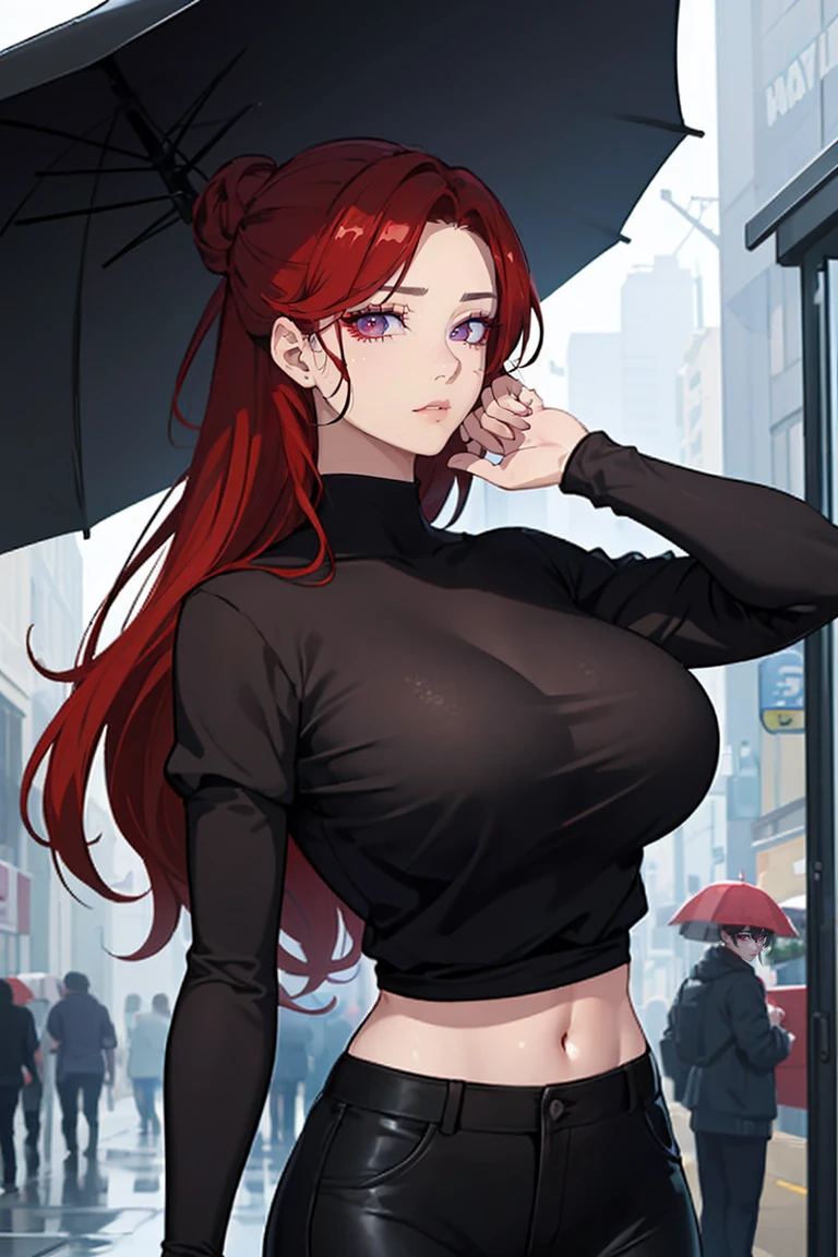 (Uhd, Masterpiece, Textured Skin, Super Detail, High Details, High Quality, Best Quality), Detailed Face, 1woman, mature pretty woman, (Red hair tied in a bun, long hair), (black top crop shirt with sheer sleeves), (black pants), (Huge Body:1.5, tall), rainy day, (Low-sized breasts), (Under an umbrella on the street), (wet:1.5_