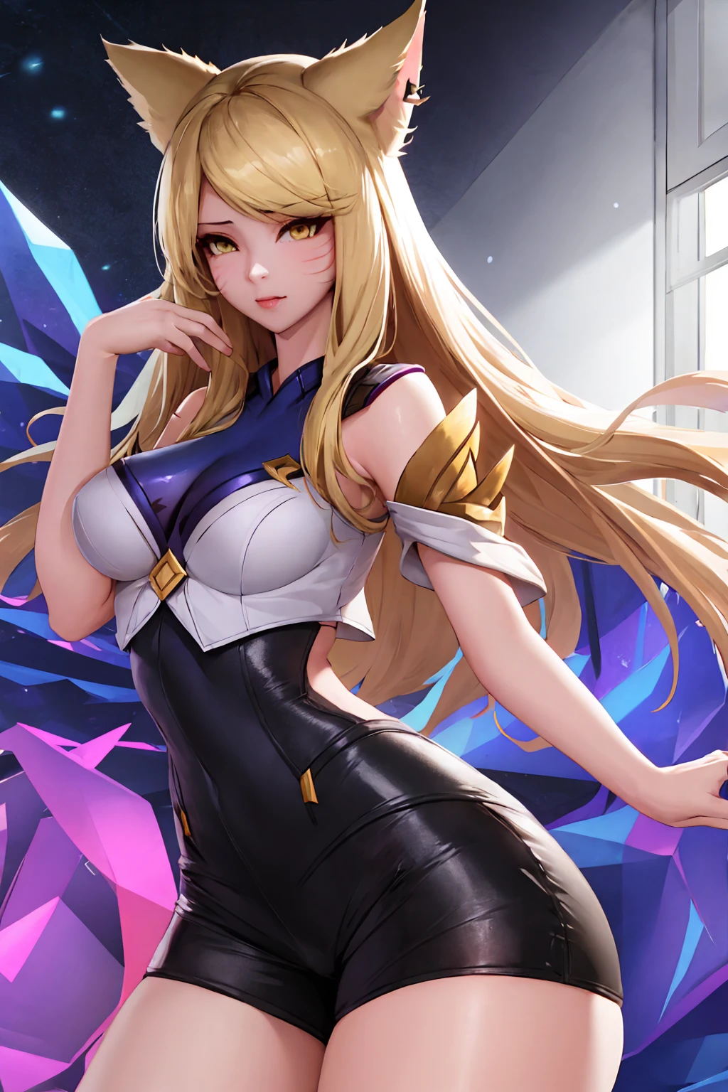 Masterpiece, high quality, kda ahri, ahri, fox hears, blonde, tight shorts, medium breasts, sexy, thick thighs, wide hips, blonde hair, posing, bedroom